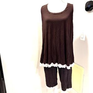 Soma 2 Piece Pajama Size L Brown Top Polka Dot Bottoms Babydoll Top Lace Trim